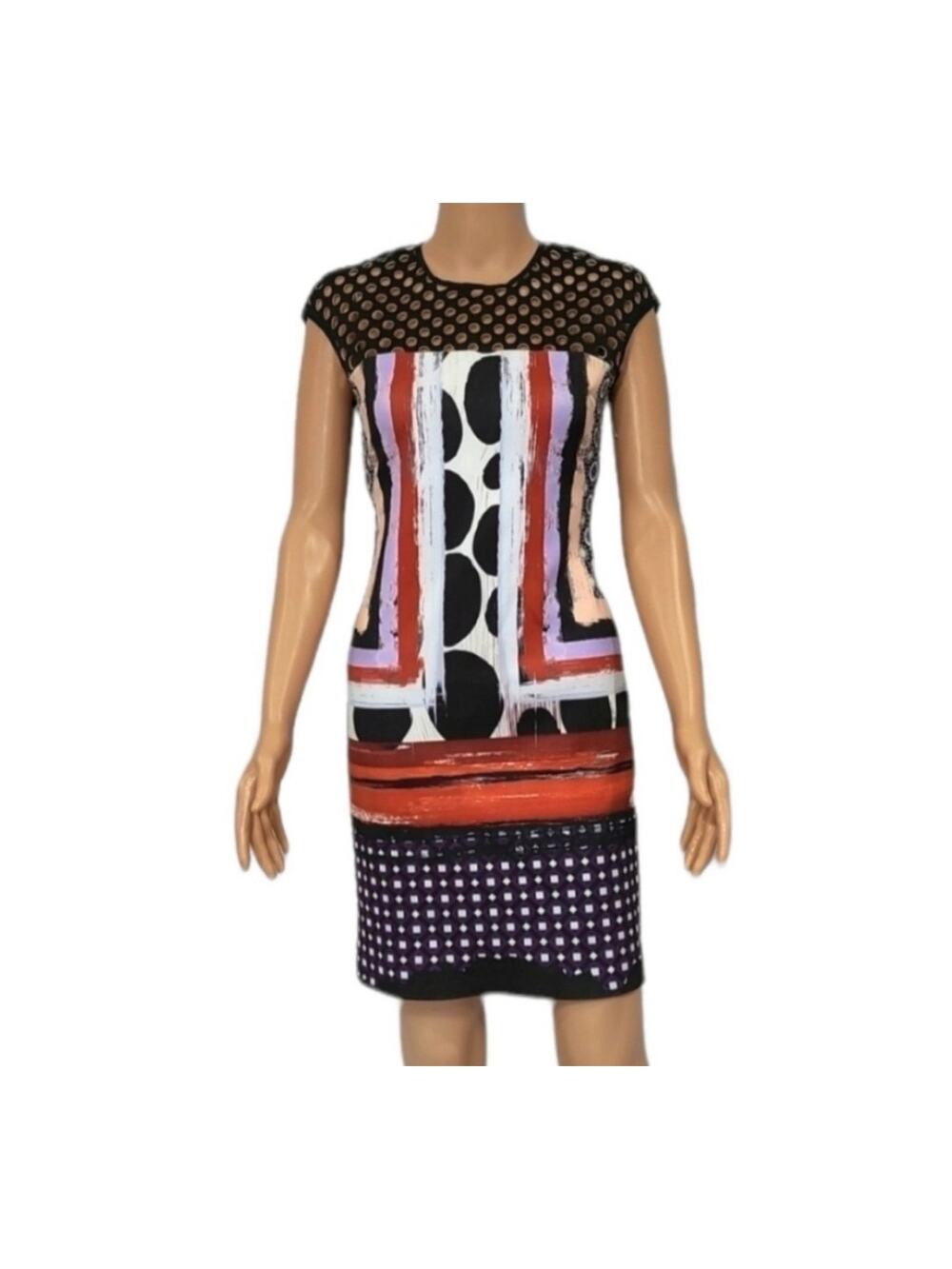 Clover Canyon Neoprene Mixed Print Bodycon Dress Perforated Mesh Cap Sleeve XS